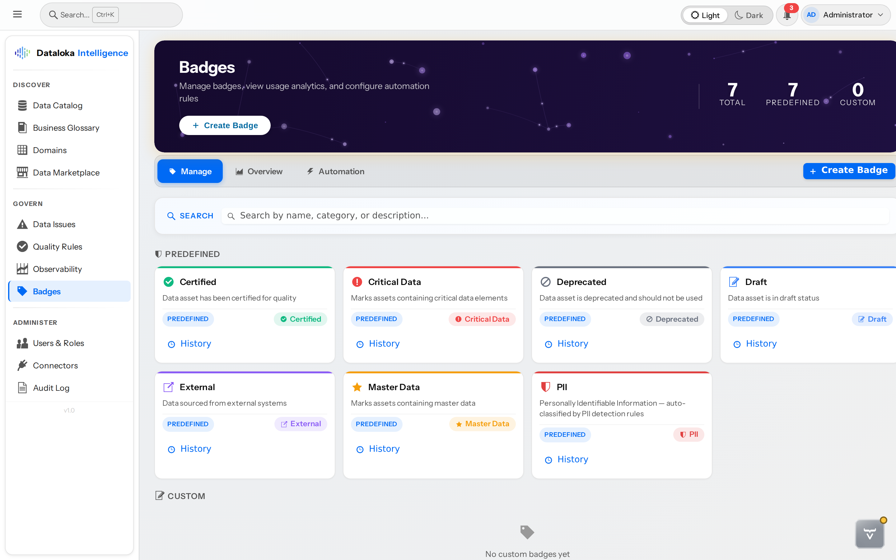 Badge Management — predefined and custom badges with automation rules