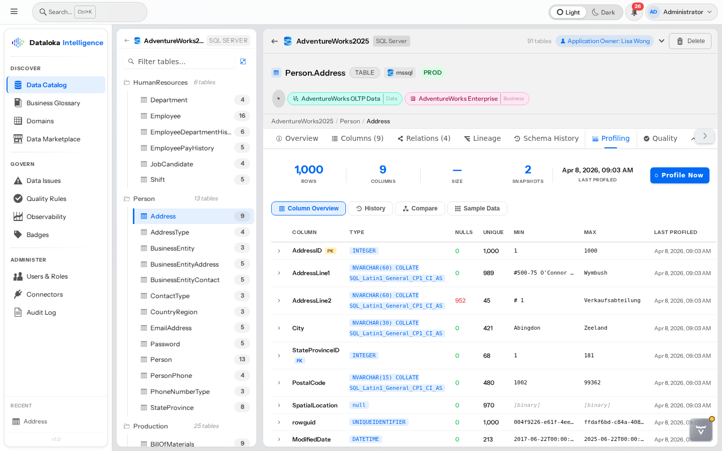 Column statistics — null rates, uniqueness, min/max, mean, median, and standard deviation for every column